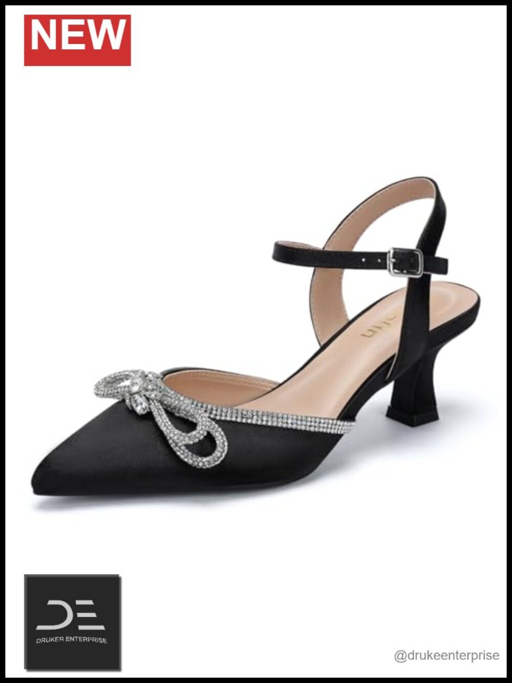 Wide Width Kitten Heels Satin Rhinestone Bow Pointed Closed Toe Pumps with